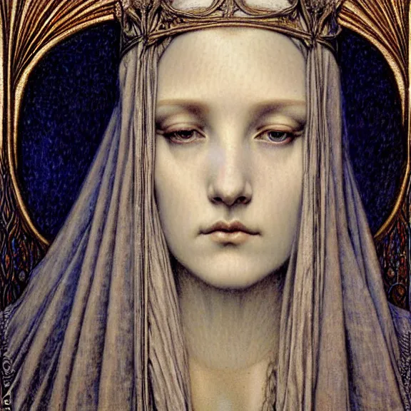 Image similar to detailed realistic beautiful young medieval queen face portrait by jean delville, gustave dore and marco mazzoni, art nouveau, symbolist, visionary, gothic, pre - raphaelite. horizontal symmetry