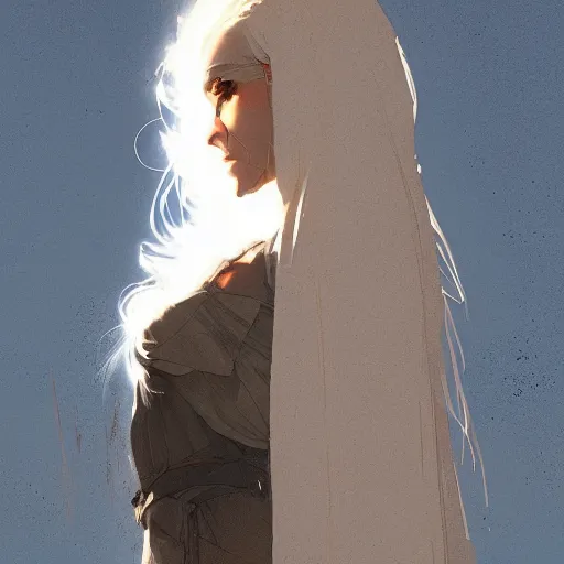 Image similar to a woman with long white hair stands in the desert, dramatic lighting, illustration by greg rutkowski, yoji shinkawa, 4 k, digital art, concept art, trending on artstation