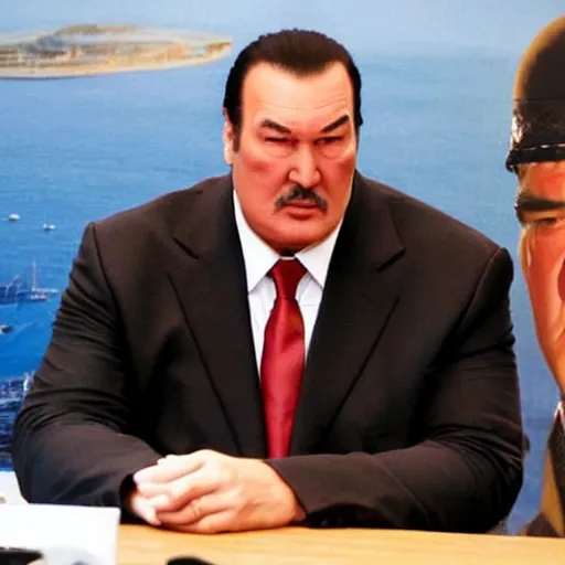 Image similar to steven seagal appears in ukraine, serving as a russian spokesperson, movie still, action pose