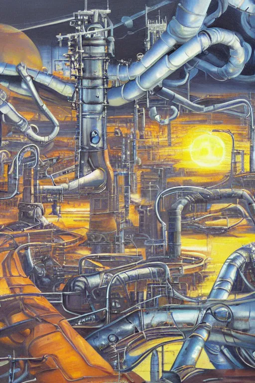 Image similar to oil painting, extra long-view, hight detailed, millions small melting industrial pipes, in style of 80s sci-fi art