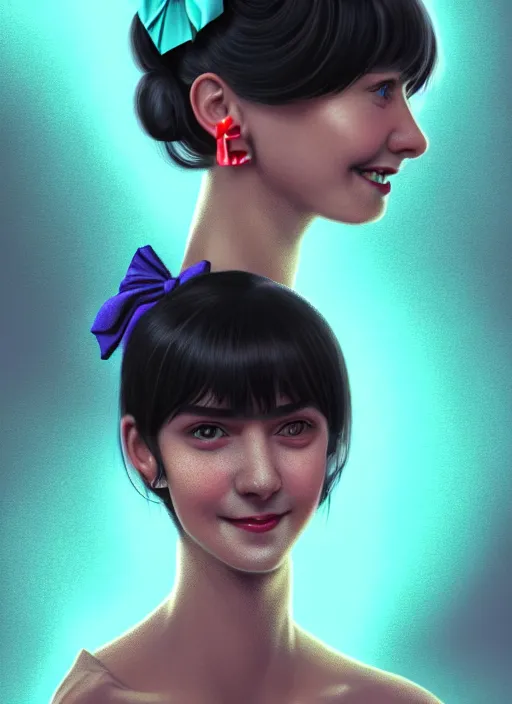 Image similar to portrait of high school girl, realistic, black hair, bangs, half updo hairstyle, pointy nose, skinny, smile, ugly, defined jawline, big chin, teal hair bow, earrings, intricate, elegant, glowing lights, highly detailed, digital painting, artstation, sharp focus, illustration, art by wlop, mars ravelo and greg rutkowski