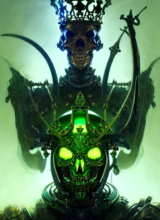 Image similar to closeup portrait shot of the king of the cyber skeletons with a crown of swords, glowing green, intricate, elegant, highly detailed, centered, digital painting, artstation, concept art, smooth, sharp focus, warframe, illustration, anders zorn, tomasz alen kopera, peter mohrbacher, donato giancola, leyendecker, boris vallejo