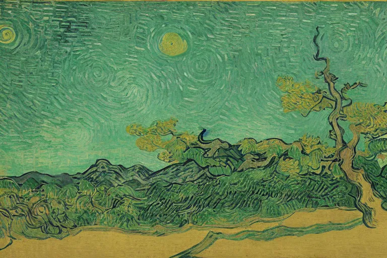 Image similar to japanese scenery in edo period, by vincent van gogh, high saturation, green color scheme