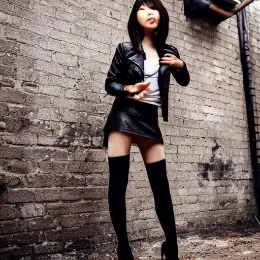 Prompt: a perfect 8K HD professional photo of japanese girl posing, wearing leather jacket, miniskirt, pantyhose and high heels in sci-fi dystopian alleyway, at instagram, Adobe Lightroom, taken with kodak portra