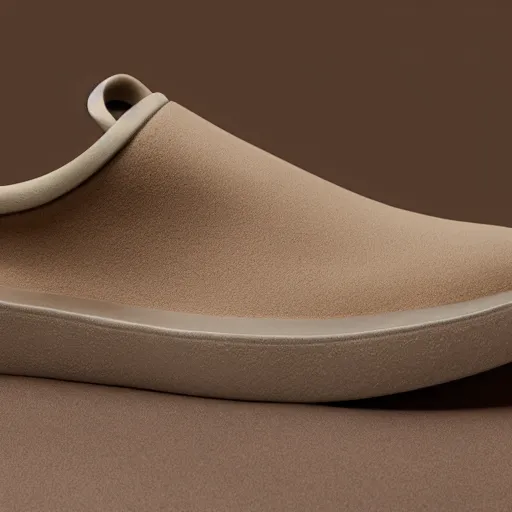 Image similar to a distinctively curved silhouette desert sand color shoe, upper of the shoe is made from a lightweight foam material, which gives the shoe its unique look. the foam material used on the midsole and outsole of the shoe, foam - based slip - on shoe, looks like a crocs, studio lighting, studio portrait