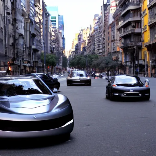 Prompt: Buenos Aires Argentina, futuristic cars in the street, holograms in the street, detailed, hd