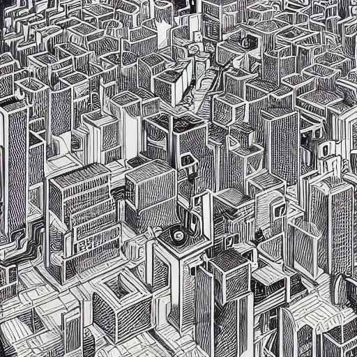 Image similar to “geometrically surreal cubescape city, extremely high detail, photorealistic, intricate line drawings, dotart, album art in the style of James Jean”