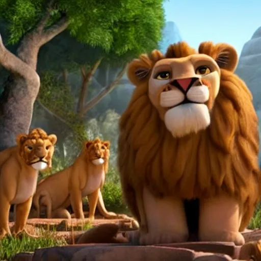 Prompt: Man in Biblical clothing in the middle of a den of ferocious lions as seen in Disney Pixar's Up (2009)
