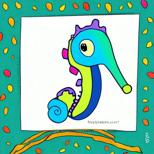 Prompt: kids book illustration of a seahorse wearing cute little glasses