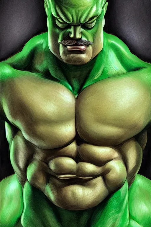 Image similar to muscular luigi wearing a green jumpsuit by ilya kuvshinov, bodybuilder ernest khalimov, super mario bros symmetrical face concept art, hyper realistic, intricate, elegent, highly detailed, digital painting, concept art, smooth, sharp, focus, illustration, art by artgerm and greg rutkowski and alphonse mucha, artstation