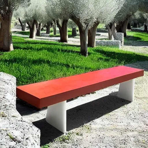 Image similar to creative concrete benches, colorful, olive trees