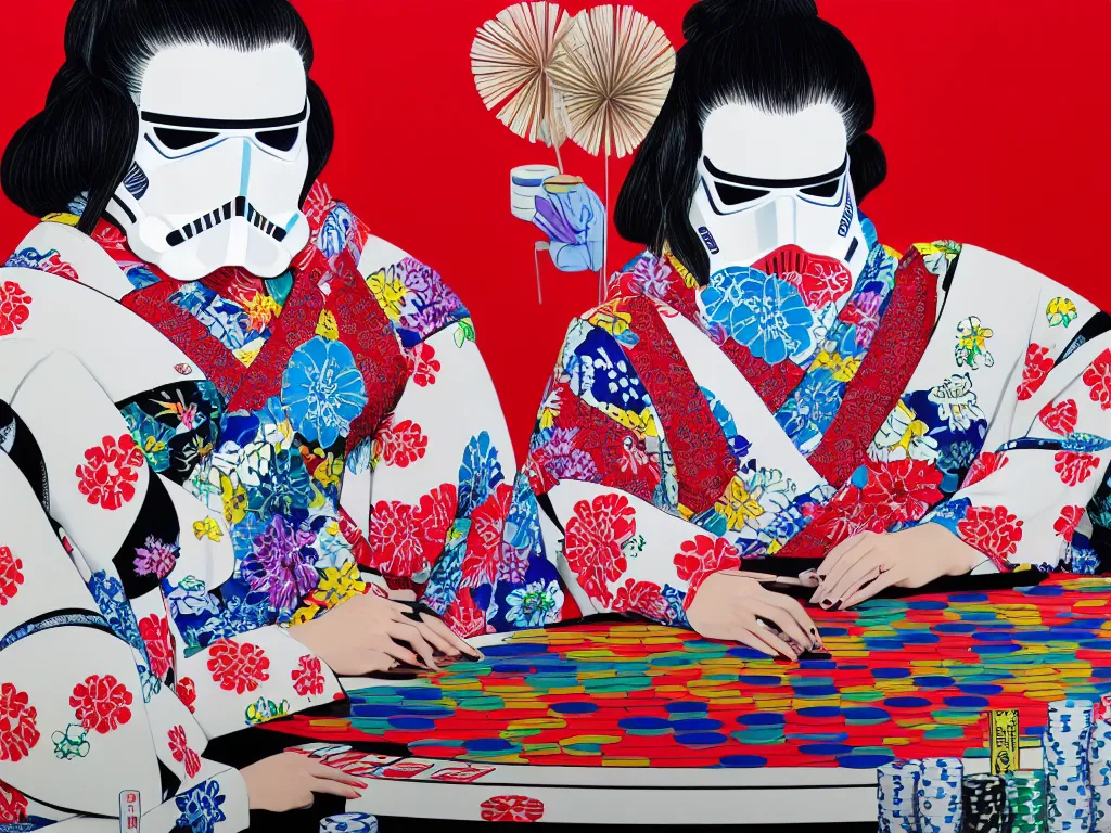 Image similar to hyperrealism composition of the detailed single woman in a japanese kimono sitting at an extremely detailed poker table with stormtrooper, fireworks, river on the background, pop - art style, jacky tsai style, andy warhol style, acrylic on canvas