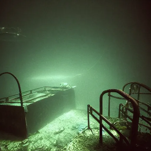 Prompt: abandoned theme park animatronic underwater, underwater photograph, dark, scary lighting, eerie, surreal, submechanophobia,