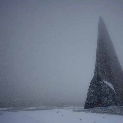 Image similar to a monolithic cathedral in the artic. overcast sky, grainy, snowing.