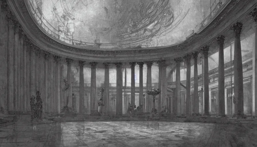 Prompt: movie still by andrei tarkovsky of a neoclassical sphere palace made of gold, by piranesi, high quality, high detailed, fog