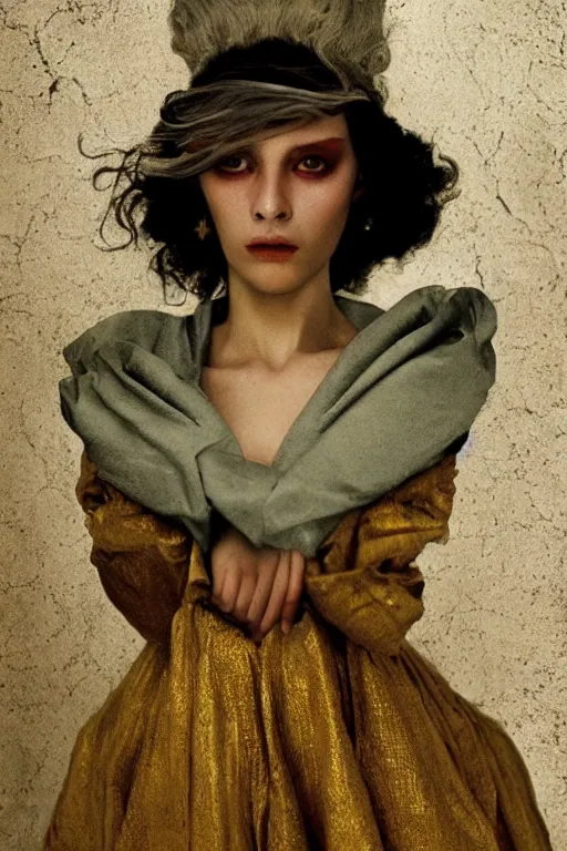 Image similar to hyperrealism close - up fashion portrait by roversi photo from the holy mountain by alejandro jodorowsky in style of francisco goya