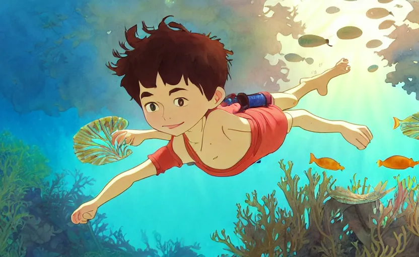 Prompt: a wholesome animation key shot of a boy using a snorkle adventuring, underwater, coral, seaweed, fish swim past, studio ghibli, pixar and disney animation, sharp, disney concept art watercolor illustration by mandy jurgens and alphonse mucha and alena aenami, dramatic lighting