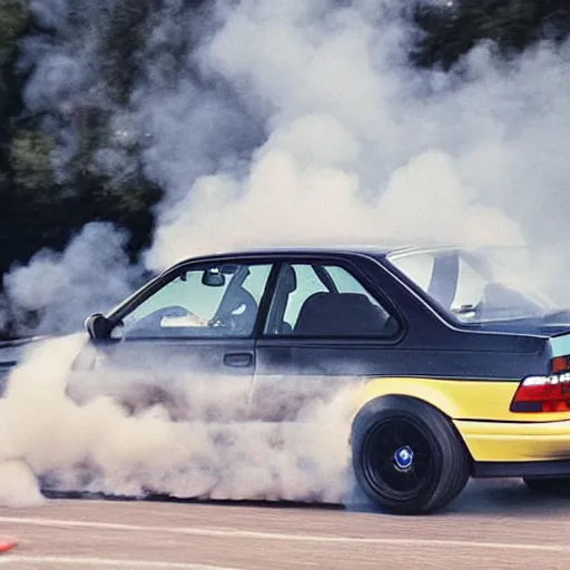 Prompt: greta thunberg driving a bmw m 3 e 3 0, spewing black smoke from exhaust