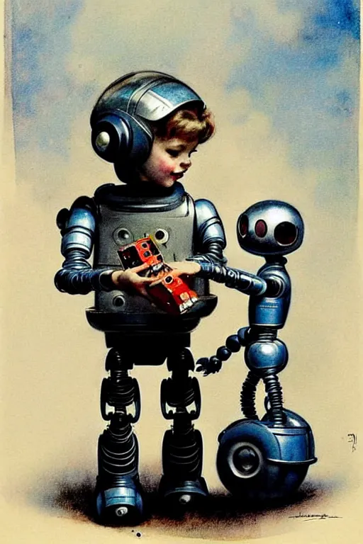 Image similar to ( ( ( ( ( 1 9 5 0 s a boy playing with his robot lost in space robot b 9. muted colors. ) ) ) ) ) by jean - baptiste monge!!!!!!!!!!!!!!!!!!!!!!!!!!!