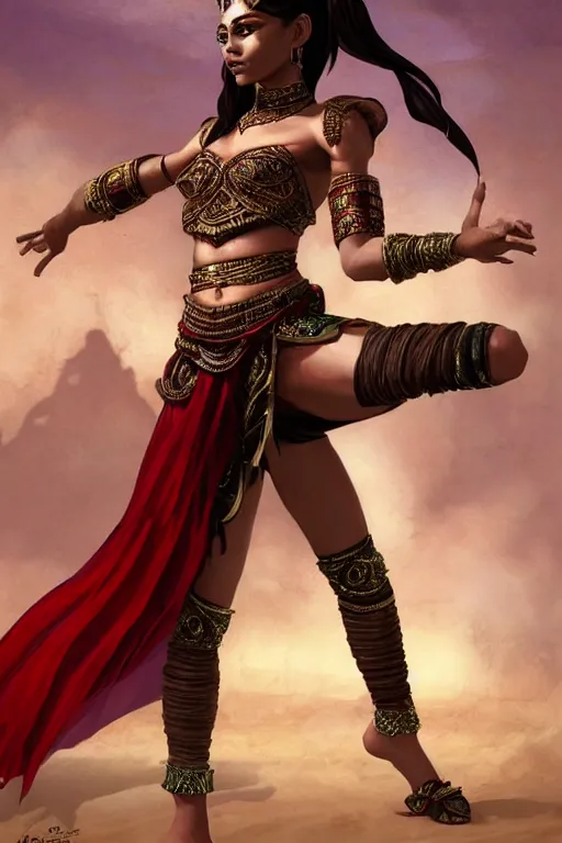 Prompt: Full body Picture of a Battle Dancer, arab inspired, wearing two metallic rings, dark brown skin, light red hair, waist reaching ponytail, crimson attire, exposed midriff, battle, detailed face features, dark green eyes, D&D, by artgerm and Craig Mullins, James Jean, Andrey Ryabovichev, Mark Simonetti and Peter Morbacher, matte painting, trending on artstation, artstationHD, artstationHQ, octane, full HD, 16K, no extra limbs