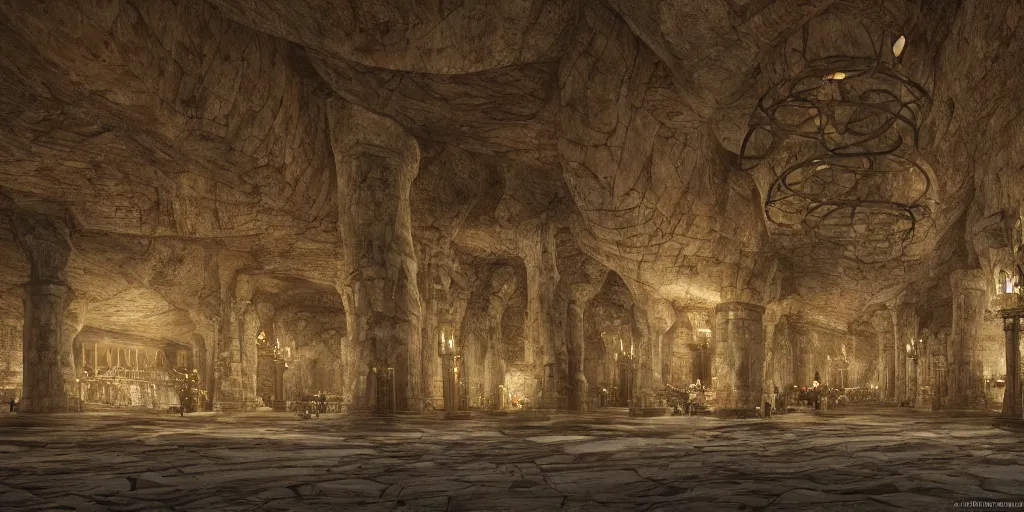 Prompt: The Great Hall of Moria underground city by John Howe, symmetrical, even spacing, gigantic pillars, sconces, intricate details, intricate stone carvings, Tolkien, unreal engine, octane render, trending on cgsociety, trending on artstation, epic, grandiose, awe inspiring, dwarven architecture, inlaid with gold