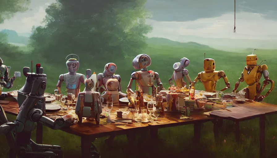 Image similar to a table dinner of android robots where robots are dressed like the characters from the midsommar movie, realistic detailed digital art by maxwell boas jessica rossier christian dimitrov anton fadeev trending on artstation cgsociety rendered in unreal engine 4 k hq