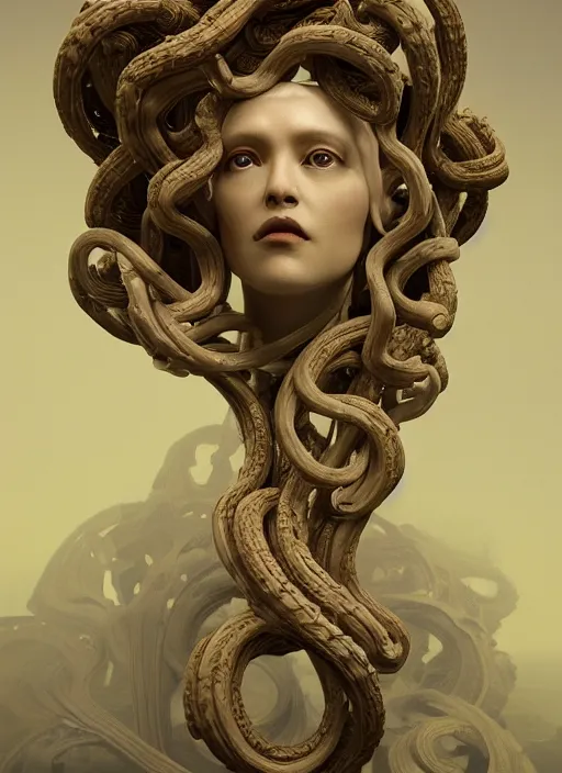 Prompt: medusa made of soft wax, wooden art nouveau swirls, strong subsurface scattering, cables, tubes, subsurface scattering, in the style of ruan jia and pascal blanche and giger, subsurface scattering, mystical colors, rim light, dramatic lighting, 8 k, stunning scene, raytracing, octane render, trending on artstation