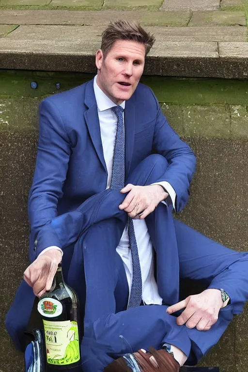 Image similar to Sir Kier Starmer in a blue suit wearing a flat cap on his head sitting on a bench alone holding a large plastic green bottle of cider, at his feet are empty cans and bottles