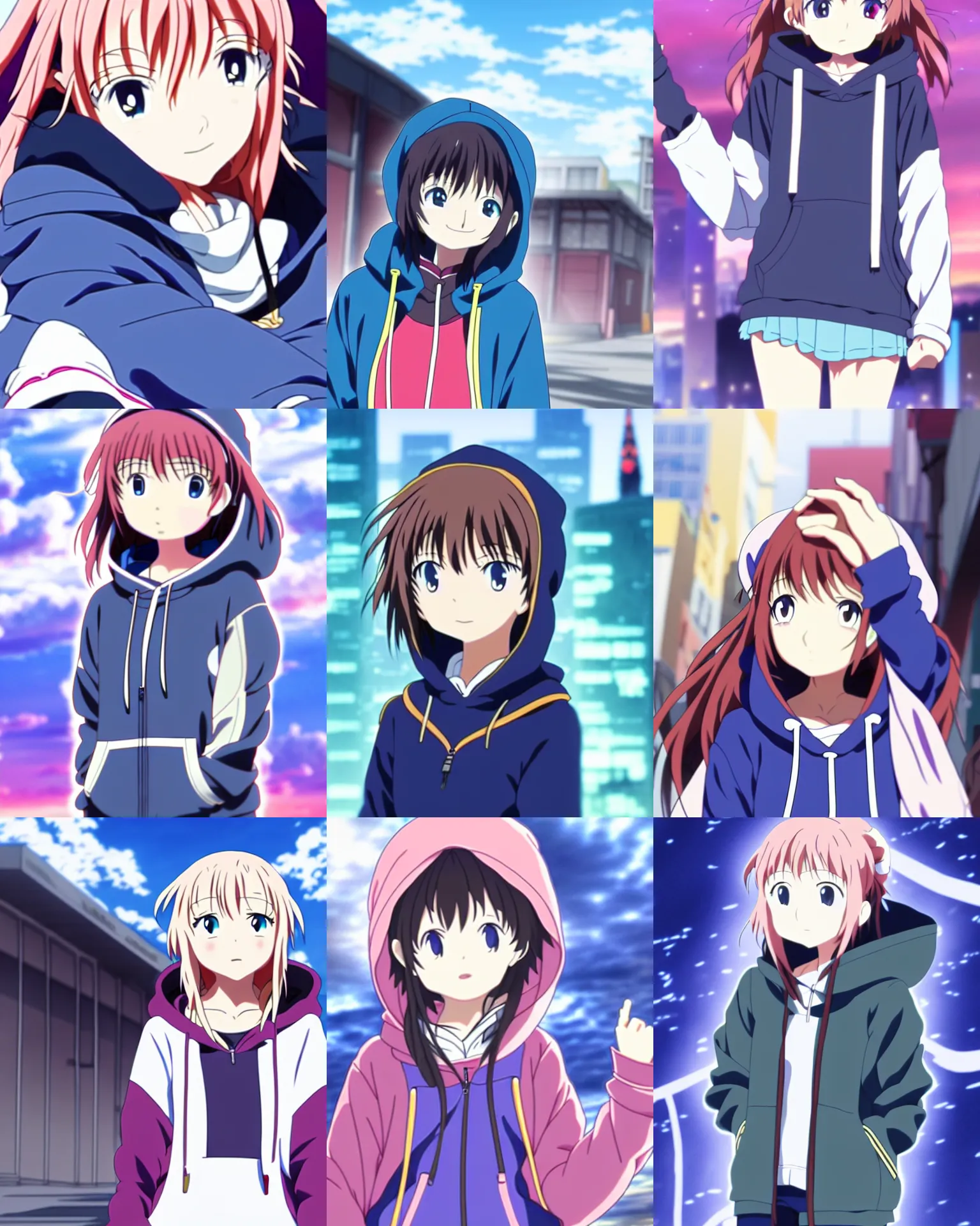 Image similar to girl wearing hoodie, city, anime key visual, kyoto animation