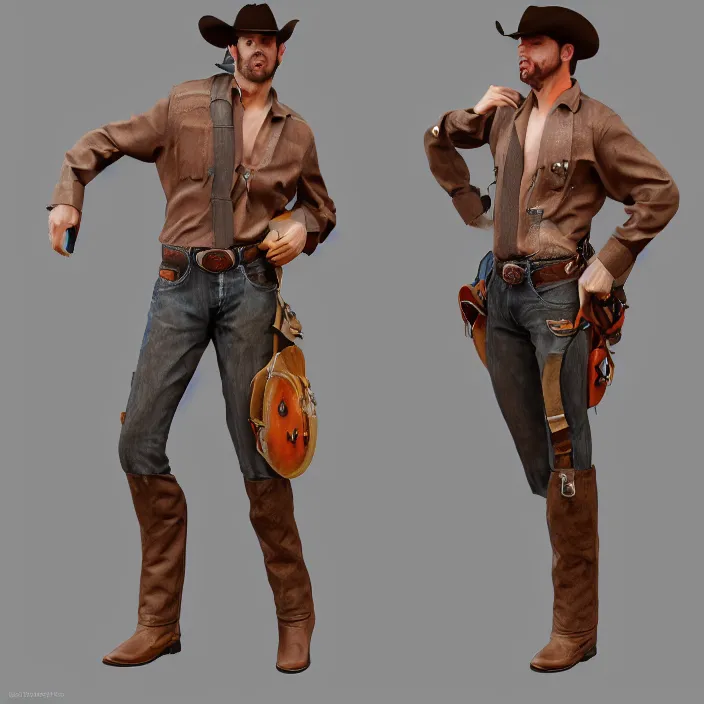 Prompt: a pin up man cowboy model posing, high resolution, artstation, hdr, sharp focus