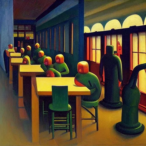 Image similar to robots queue up for ice cream, grant wood, pj crook, edward hopper, oil on canvas