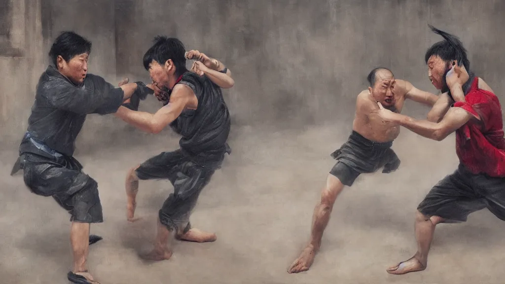 Image similar to asian person fighting a turkish person, cinematic, 4 k, oil painting