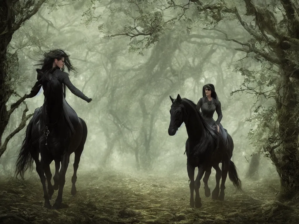 Image similar to a woman riding a black horse through a oak and beech forrest, similar to arwen on asfaloth rays of light, cinematic, fantasy art, moody morning light, trending on artstation, by peter jackson