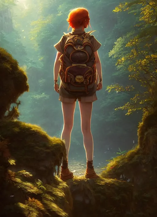 Prompt: detailed intricate digital illustration by greg rutkowski and artgerm and wlop and sanford robinson gifford ; young red - haired explorer girl with a backpack, ancient forest, shimmering waterfall in background ; 1 3 mm film, arri alfa anamorphic lens ; sharp focus, golden hour lighting, trending on artstation 4 k