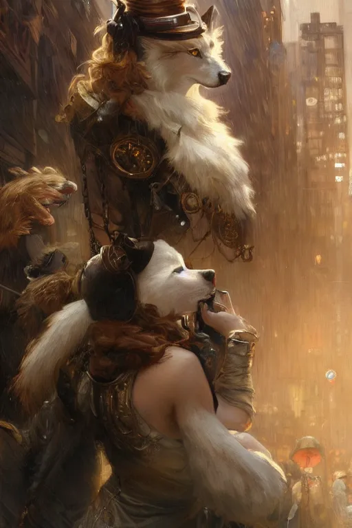 Image similar to beautiful portrait of an attractive white female anthro wolf smoking a cigarette in a bustling crowd of a rainy city street, steampunk, female fursona, 4 k, trending on artstation, by gaston bussiere, craig mullins, artgerm, greg rutkowski, alphonse mucha