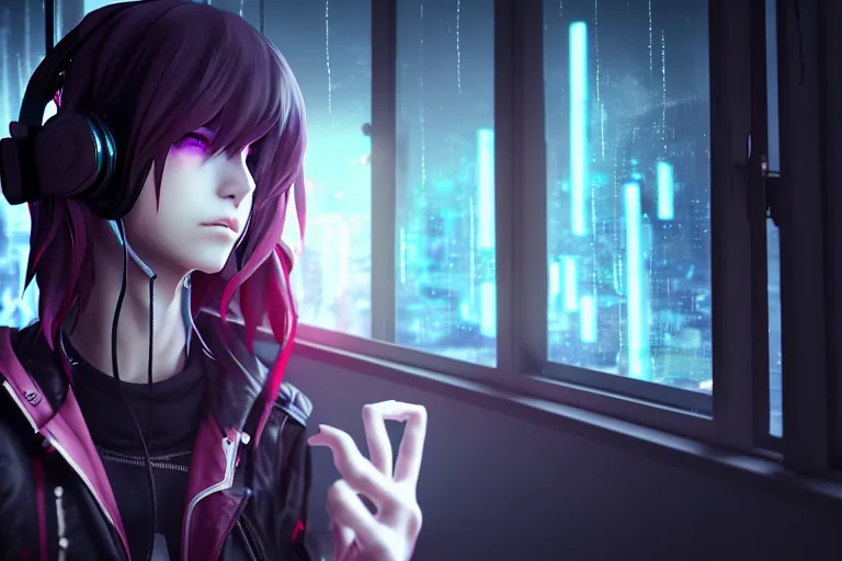 Prompt: a girl with headphones is looking at a rainy window in the style of a code vein character creation, cyberpunk art by Yuumei, cg society contest winner, rayonism light effects and bokeh, daz3d, vaporwave, deviantart hd