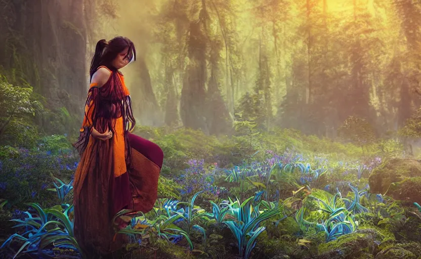 Prompt: beautiful Himalayan woman, sci-fi tibetan fashion, brown very long hair, somber, vibrant, scene of a summer forest with glowing blue lilies, dramatic light, wide angle , 8k hdr by Makoto Shinkai and Wojtek Fus, by studio trigger, rossdraws, ambient occlusion