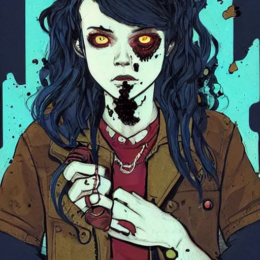 Image similar to Highly detailed portrait of a punk zombie young lady with freckles and brown curly hair hair by Atey Ghailan, by Loish, by Bryan Lee O'Malley, by Cliff Chiang, was inspired by image comics, inspired by scott pilgrim, inspired by graphic novel cover art !!!electric blue, brown, black, yellow and white color scheme ((grafitti tag brick wall background))