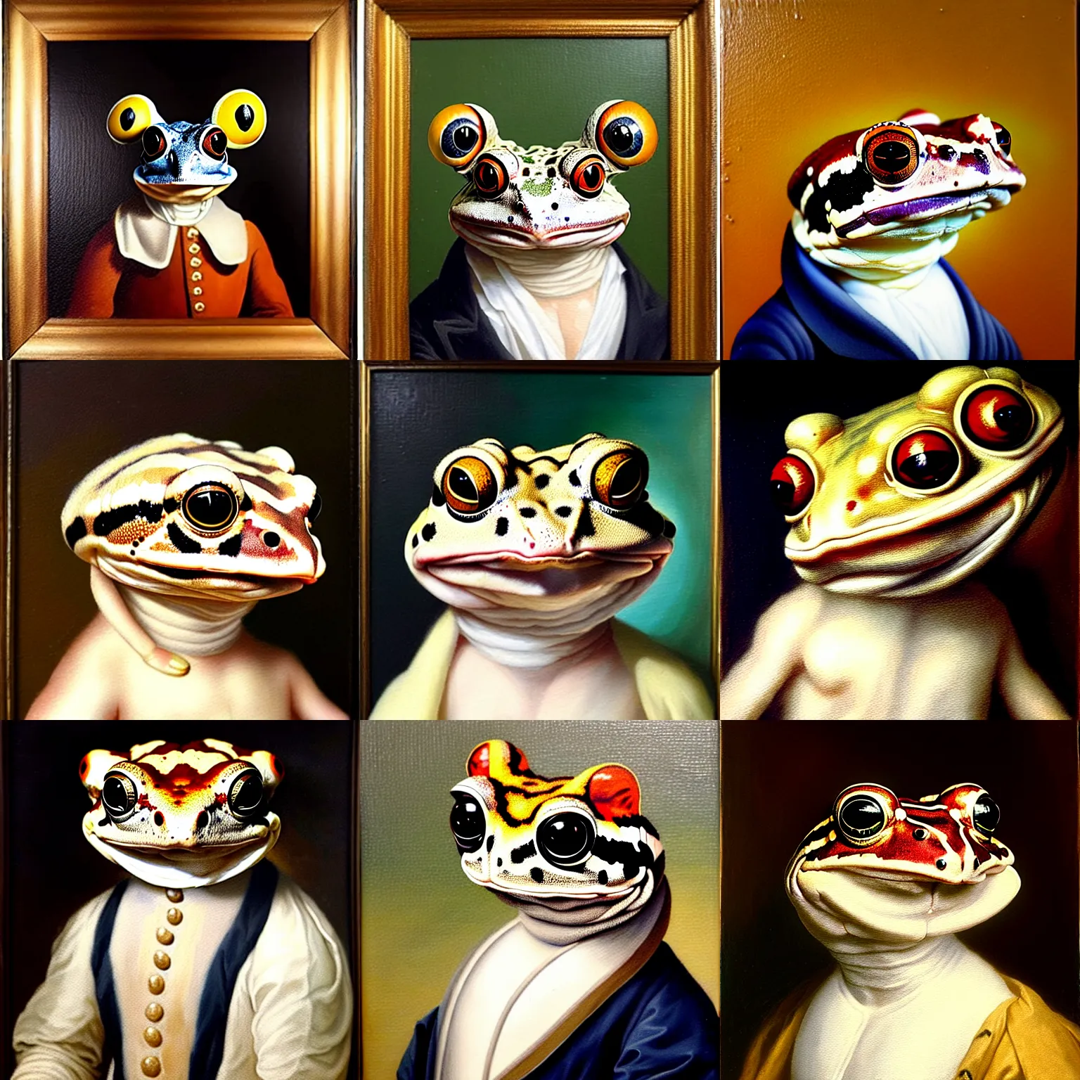 Prompt: a head and shoulders portrait painting of an anthropomorphic!!!!!!!!!! amazon milk frog!!!!!!!!!! wearing a colonial outfit without a hat looking off camera, a character portrait, neoclassicism, oil on canvas, visible horizontal brushstrokes