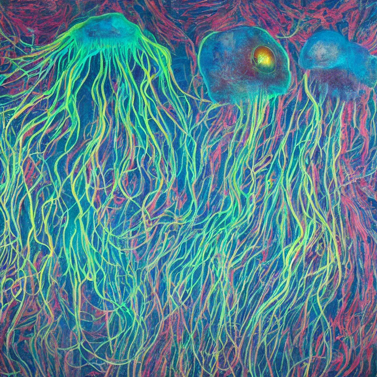Prompt: Hyperrealistic intensely colored studio Photograph portrait of a deep sea psychedelic bioluminescent jellyfish deep underwater in darkness long exposure, award-winning nature deep sea expressionistic impasto heavy brushstrokes oil painting by Fabian Marcaccio and Jean Dubuffet and Audubon vivid colors hyperrealism 8k