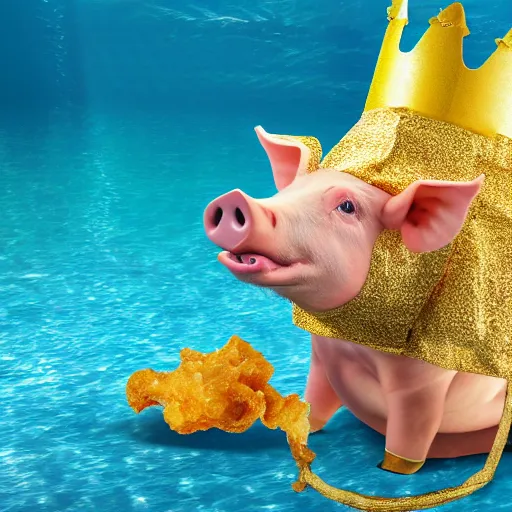 Prompt: pig wearing a gold crown swimming in bag of pork rinds