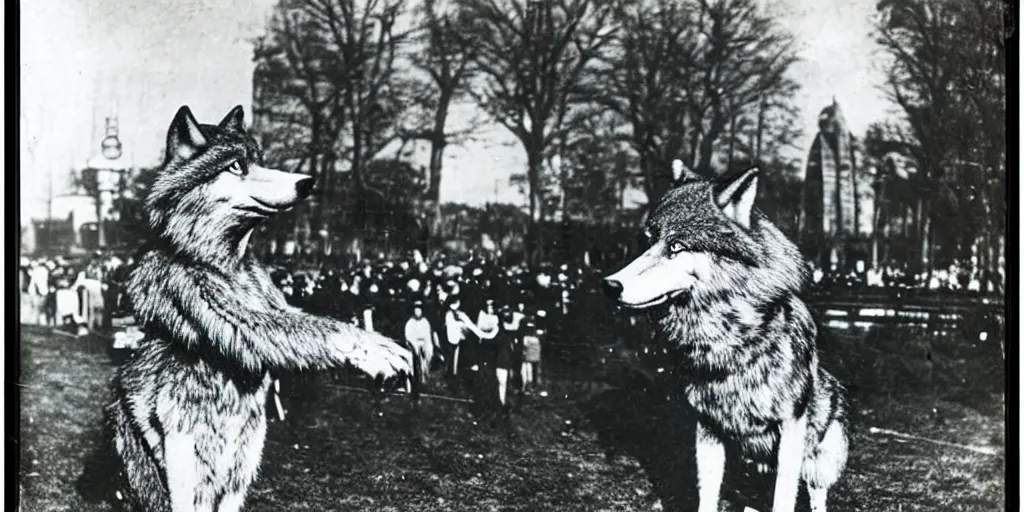 Image similar to anthropomorphic furry wolf at the worlds fair, 1900s photograph