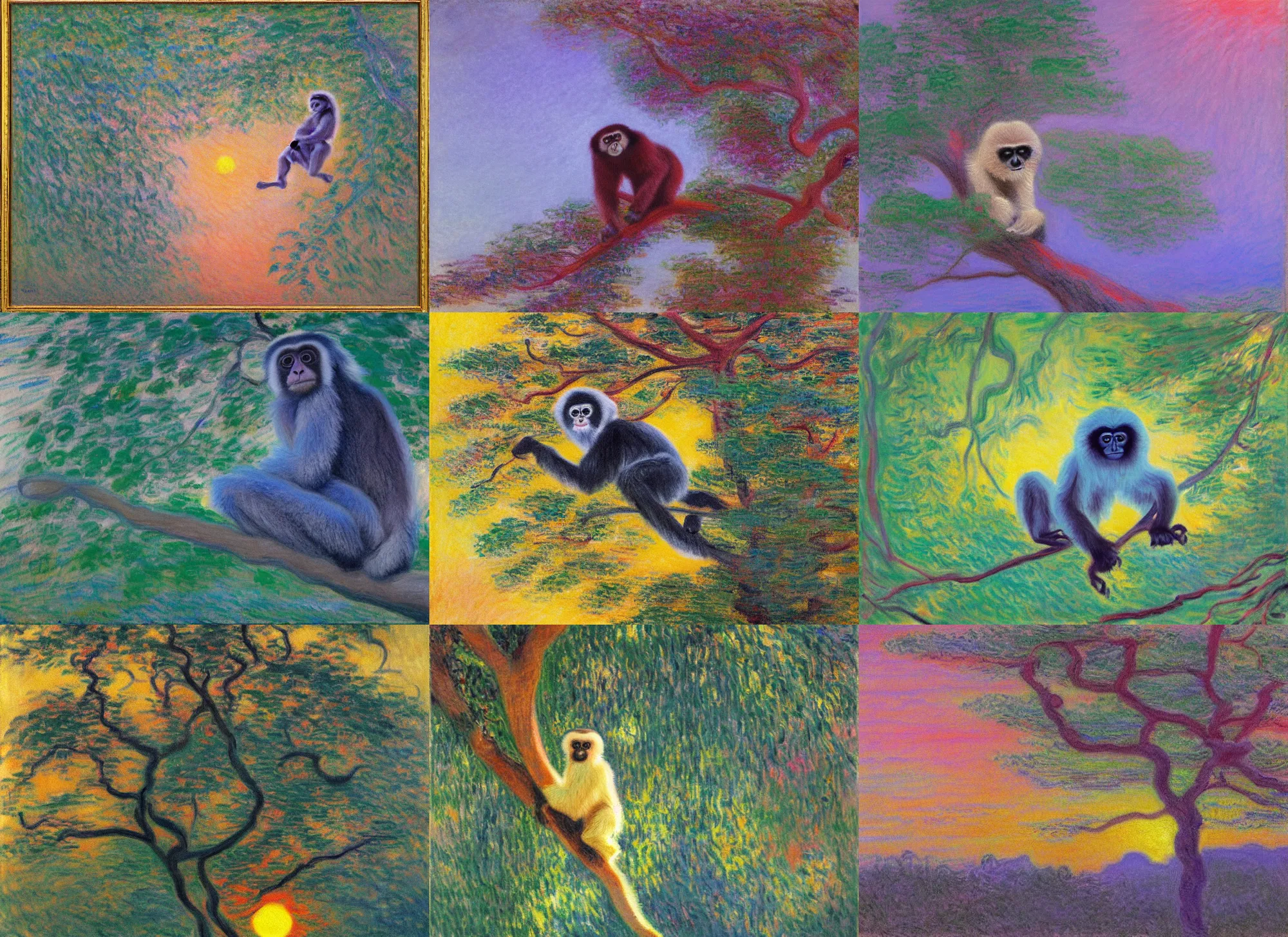 Prompt: cute gibbon in a tree at sunset. vajrayana enlightened gibbon boddhisatva. impressionist painting, iridescent pastel, claude monet