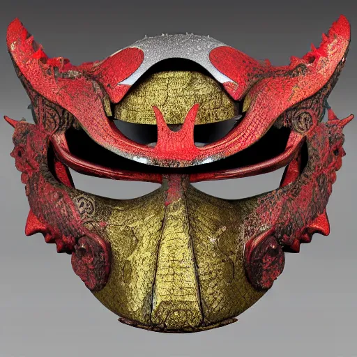 Image similar to shinobi half mask, dragon motive, render, highly detailed, ornamental, sengoku period