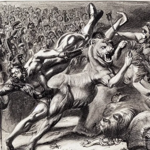 Image similar to hero wrestling against a lion in the middle of an arena, crowd of people, pencil art, added detail, high definiton, colored, aerial view