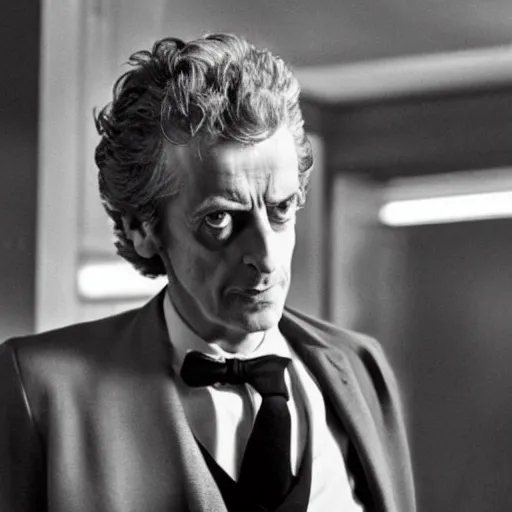 Prompt: peter capaldi as the twelfth doctor, doctor who, 1 9 6 3, black and white