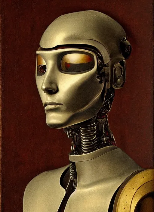 Prompt: a portrait of a robot cyborg by Petrus Christus, renaissance style