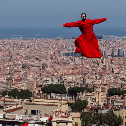 Prompt: santigo abascal flying over barcelona wearing a red cape