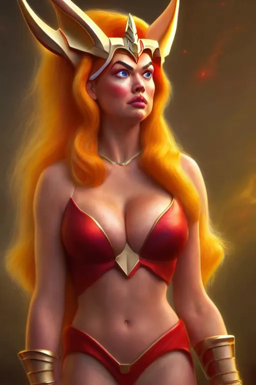 Prompt: polished sweaty she - ra : : kate upton face : : christina hendricks body : : weta disney pixar movie still photo : : hi - fructose, sci fi, fantasy, decadent highly - detailed digital painting, golden ratio, octane render, artstation, smooth, sharp focus, artgerm, mucha, loish, wlop : :