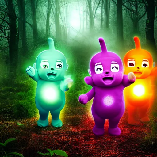 Image similar to demonic teletubbies in magical forest, dark atmosphere, high detail, soft lighting